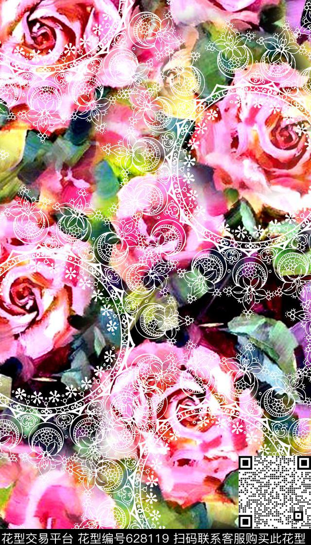 水彩花卉蕾丝亮丽数码印花华亿平台下载（图片编号: 628119） - 瓦栏（Walan）