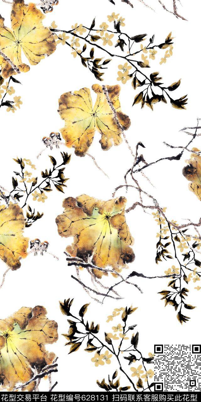 中国风荷叶枝条数码印花华亿平台下载（图片编号: 628131） - 瓦栏（Walan）
