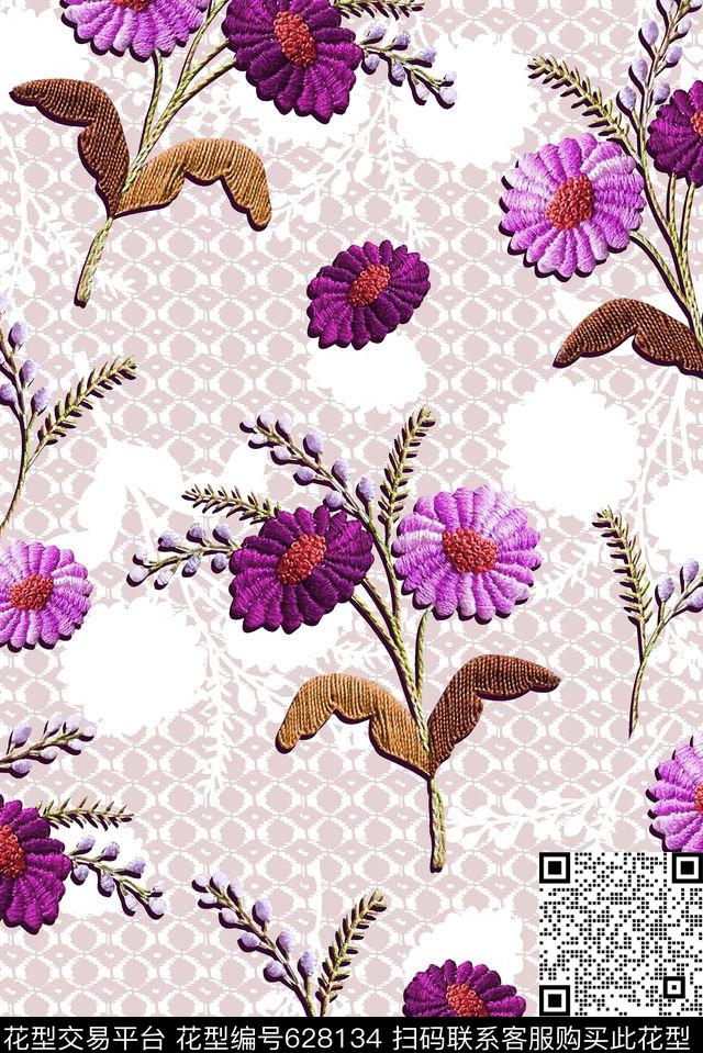 抽象手绘满版刺绣最新高清数码花卉蕾丝纹理数码印花华亿平台下载（图片编号: 628134） - 瓦栏（Walan）