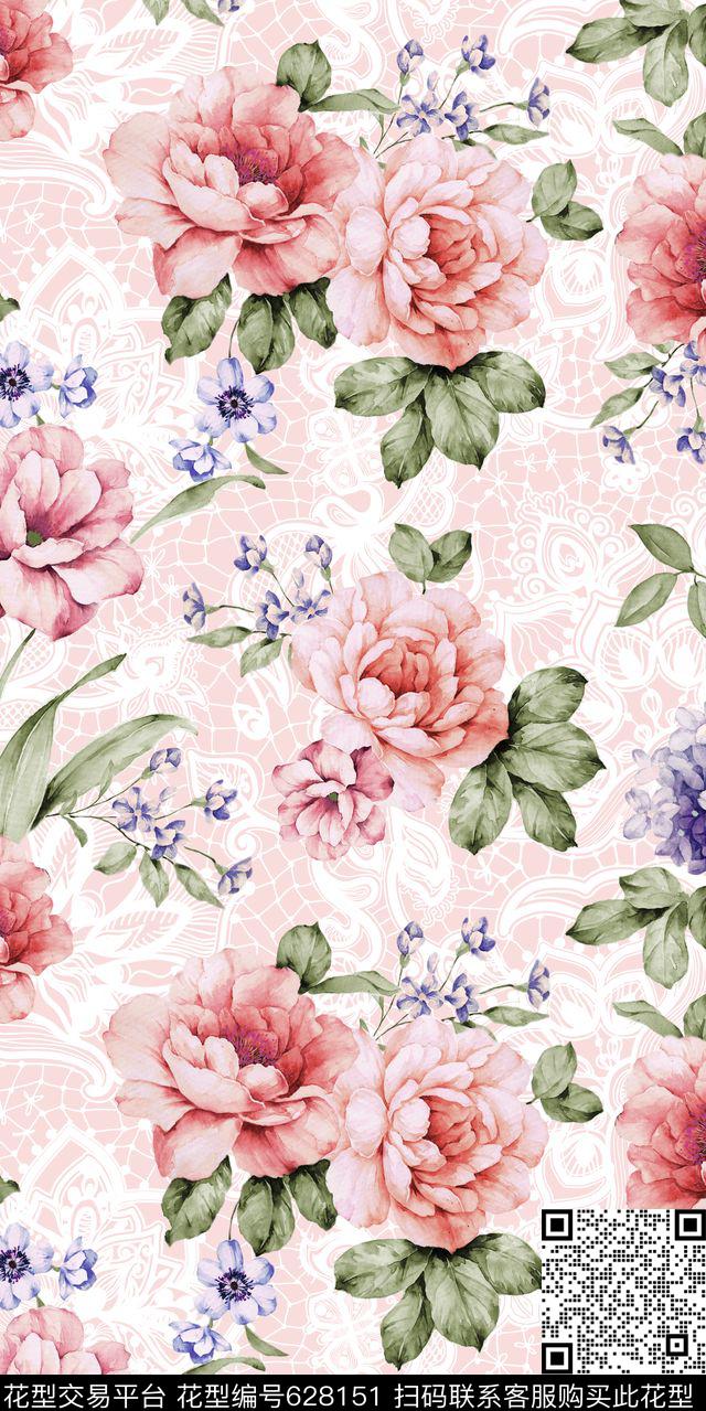 蕾丝刺绣水彩花卉数码印花华亿平台下载（图片编号: 628151） - 瓦栏（Walan）