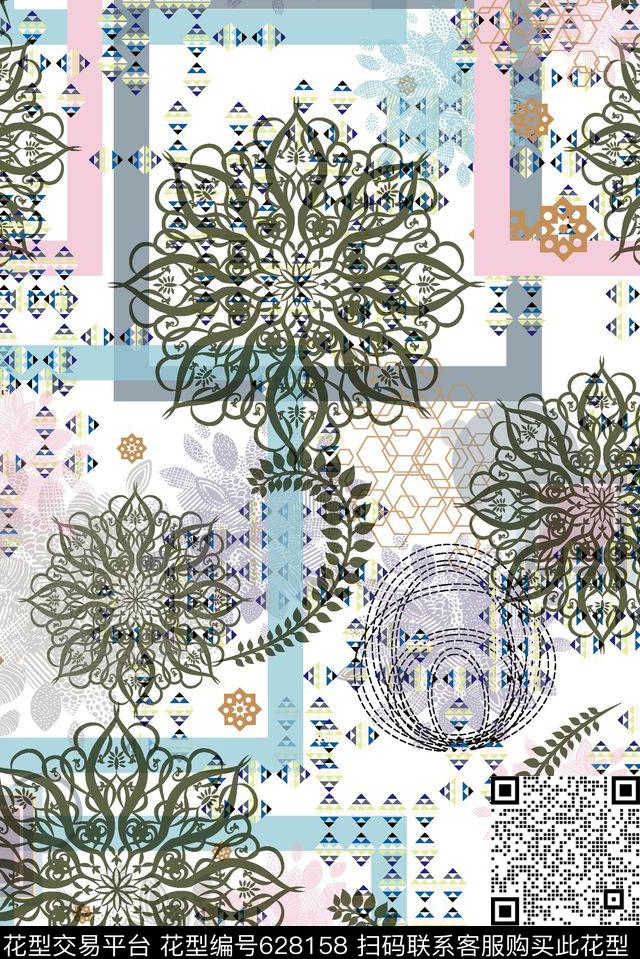 线条花几何花卉传统印花华亿平台下载（图片编号: 628158） - 瓦栏（Walan）