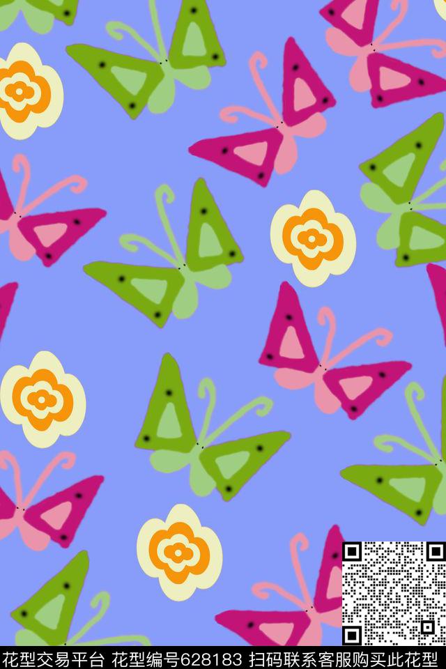 趣味蝴蝶白蓝灰传统印花华亿平台下载（图片编号: 628183） - 瓦栏（Walan）