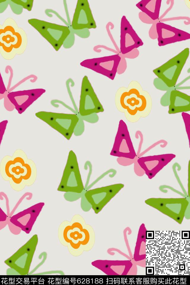 趣味蝴蝶白蓝灰传统印花华亿平台下载（图片编号: 628188） - 瓦栏（Walan）