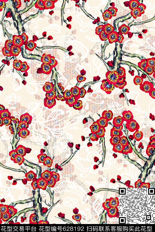 梅花花卉网布蕾丝数码印花华亿平台下载（图片编号: 628192） - 瓦栏（Walan）