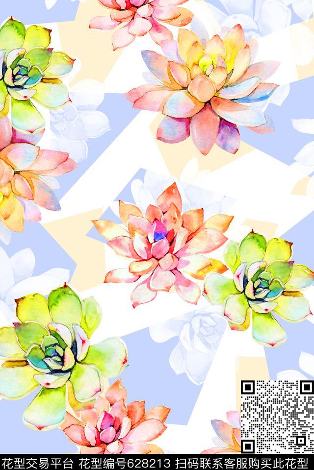 抽象手绘满版多内花卉最新高清数码几何清爽花卉数码印花华亿平台下载（图片编号: 628213） - 瓦栏（Walan）