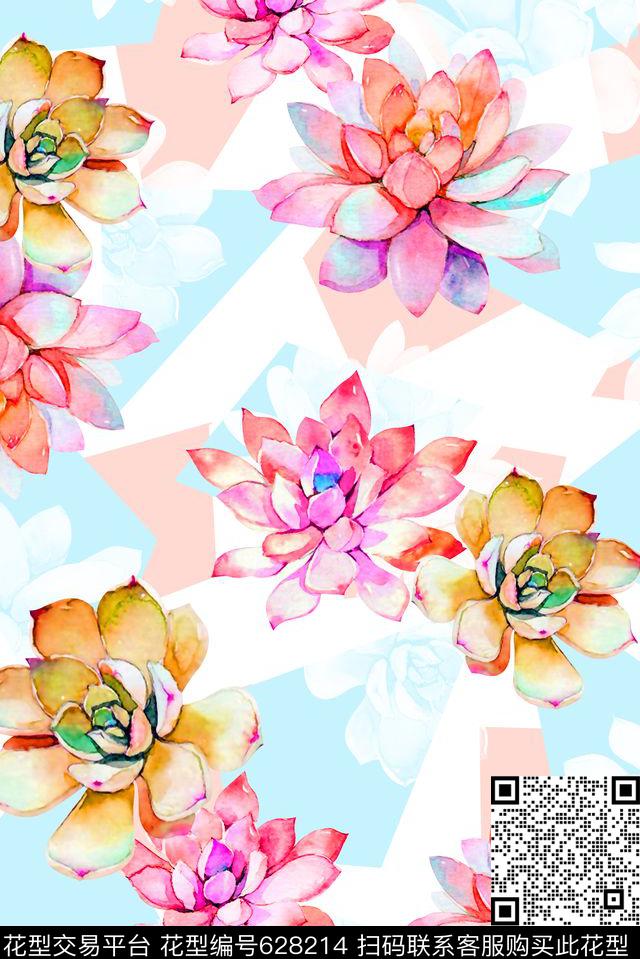抽象手绘满版多内花卉最新高清数码几何清爽花卉数码印花华亿平台下载（图片编号: 628214） - 瓦栏（Walan）