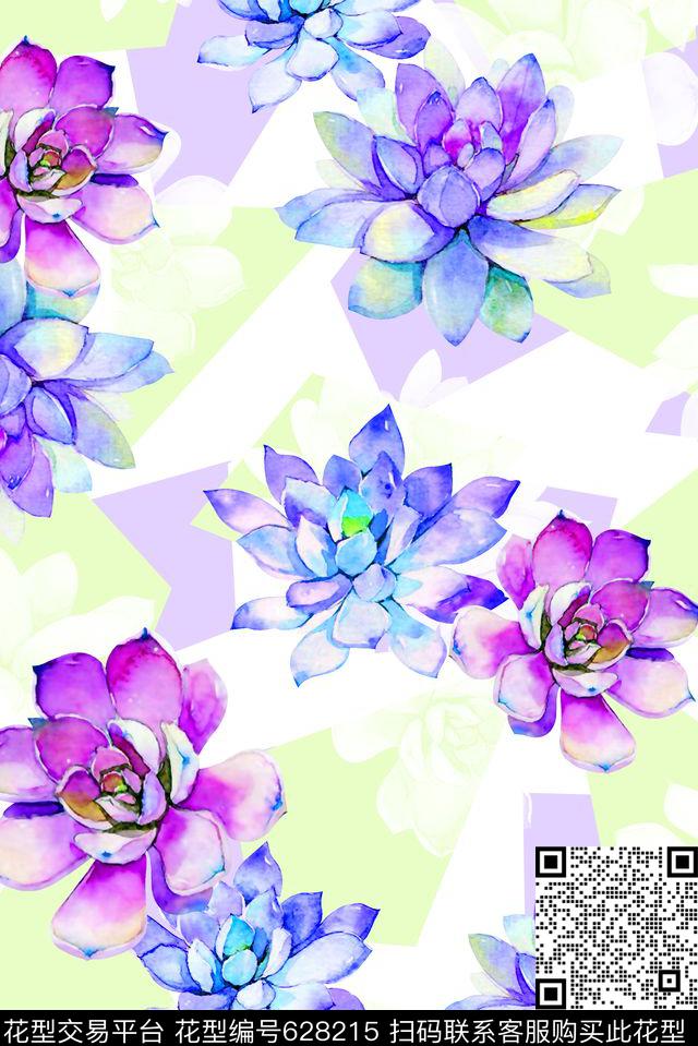 抽象手绘满版多内花卉最新高清数码几何清爽花卉数码印花华亿平台下载（图片编号: 628215） - 瓦栏（Walan）