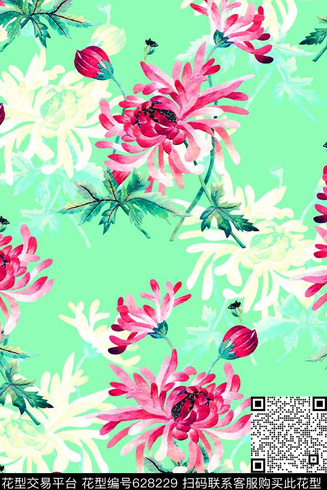 抽象手绘满版水彩花卉最新高清数码清爽花卉时尚潮流大牌复古欧美风女装裙数码印花华亿平台下载（图片编号: 628229） - 瓦栏（Walan）