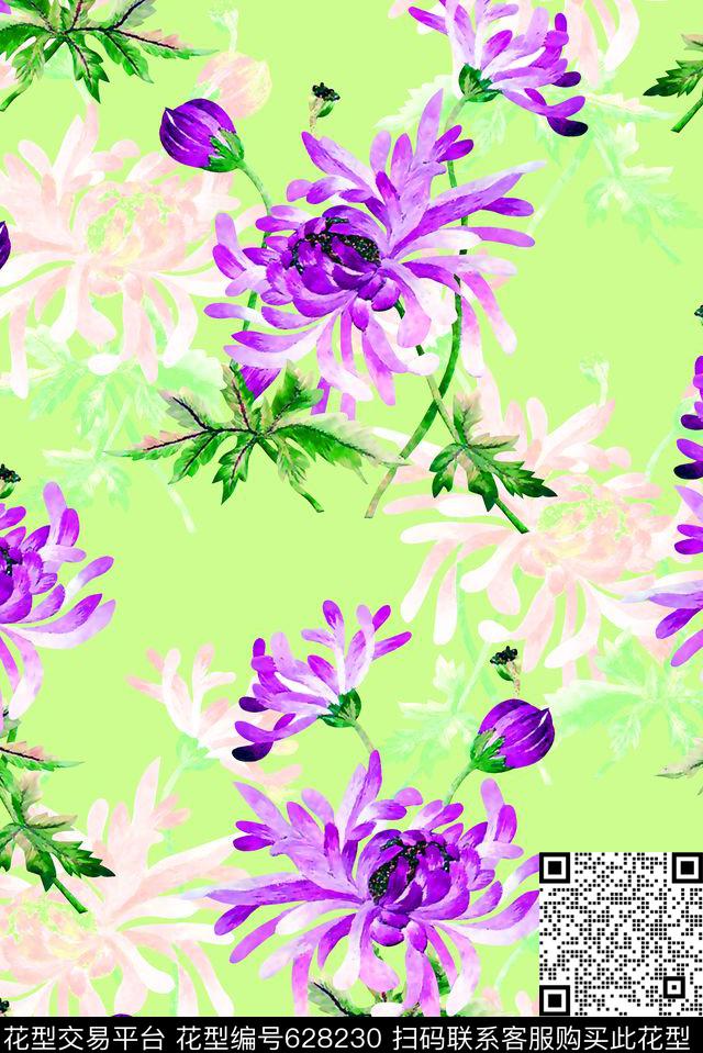 抽象手绘满版水彩花卉最新高清数码清爽花卉时尚潮流大牌复古欧美风女装裙数码印花华亿平台下载（图片编号: 628230） - 瓦栏（Walan）