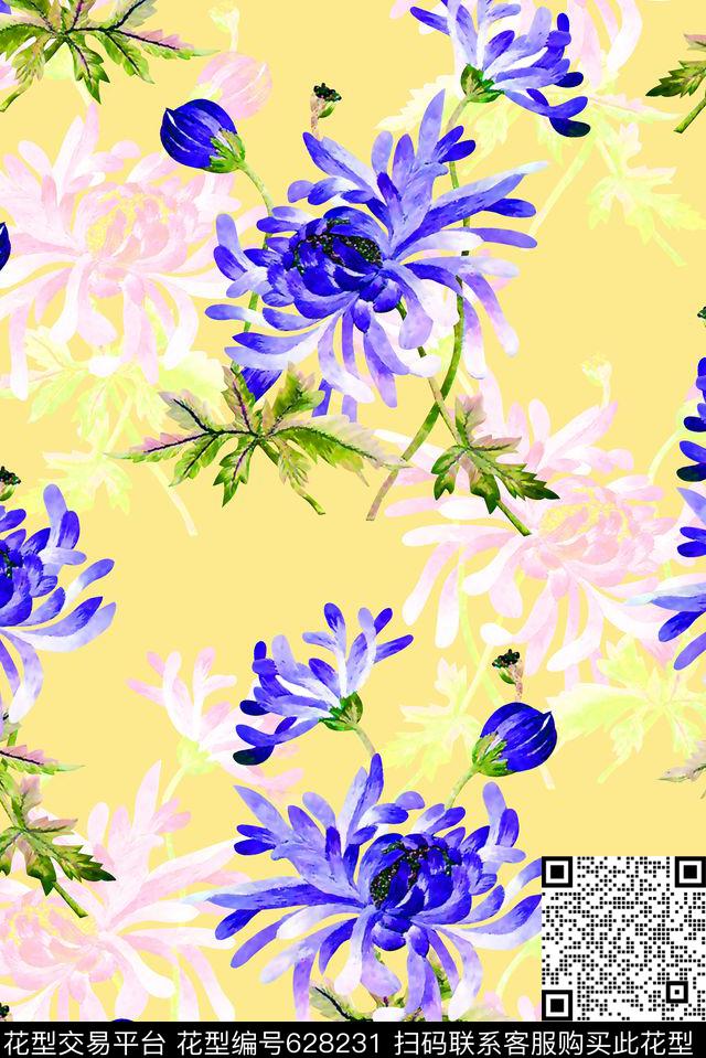 抽象手绘满版水彩花卉最新高清数码清爽花卉时尚潮流大牌复古欧美风女装裙数码印花华亿平台下载（图片编号: 628231） - 瓦栏（Walan）