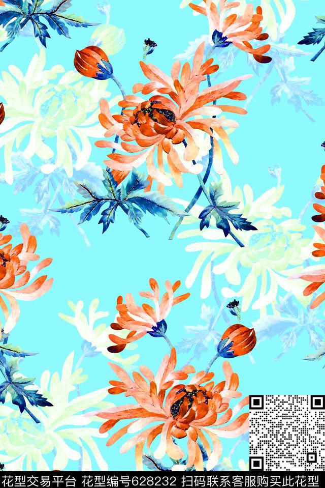 抽象手绘满版水彩花卉最新高清数码清爽花卉时尚潮流大牌复古欧美风女装裙数码印花华亿平台下载（图片编号: 628232） - 瓦栏（Walan）