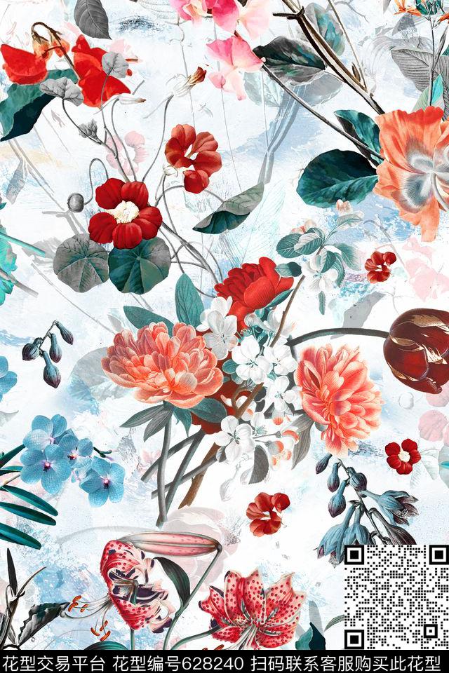 花卉复古植物数码印花华亿平台下载（图片编号: 628240） - 瓦栏（Walan）