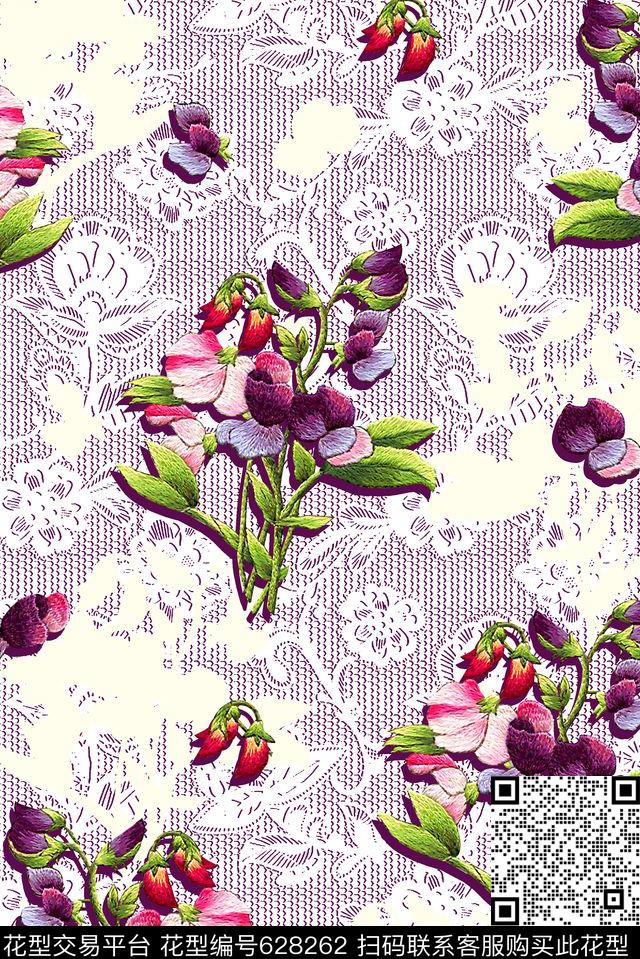 抽象手绘满版刺绣最新高清数码花卉蕾丝纹理数码印花华亿平台下载（图片编号: 628262） - 瓦栏（Walan）