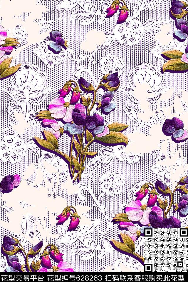 抽象手绘满版刺绣最新高清数码花卉蕾丝纹理数码印花华亿平台下载（图片编号: 628263） - 瓦栏（Walan）