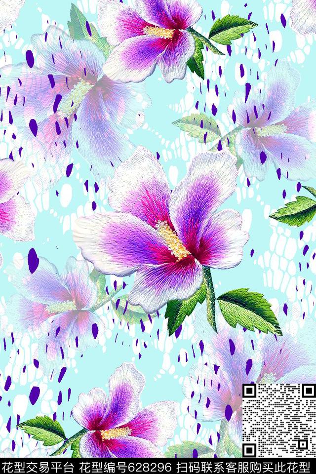 抽象手绘满版刺绣花卉最新高清数码清爽花卉数码印花华亿平台下载（图片编号: 628296） - 瓦栏（Walan）
