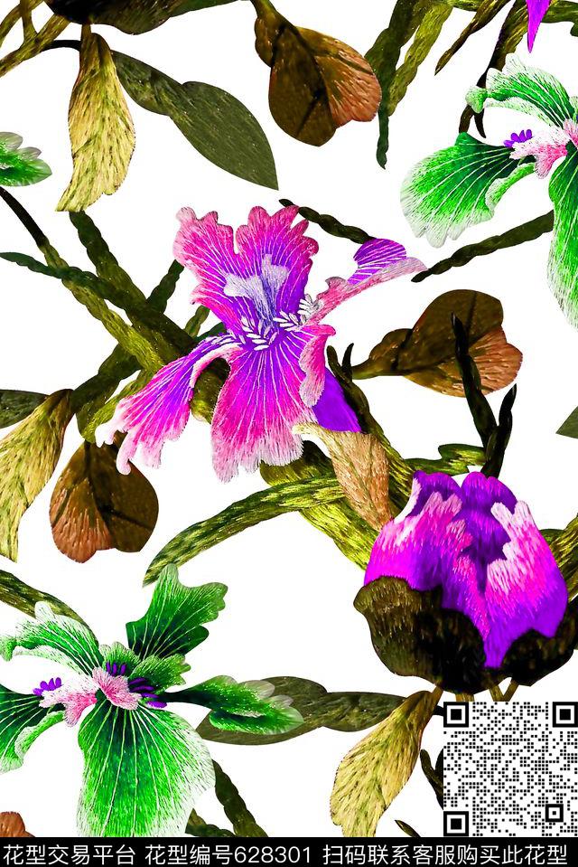 抽象手绘满版刺绣最新高清数码花卉清爽花卉数码印花华亿平台下载（图片编号: 628301） - 瓦栏（Walan）