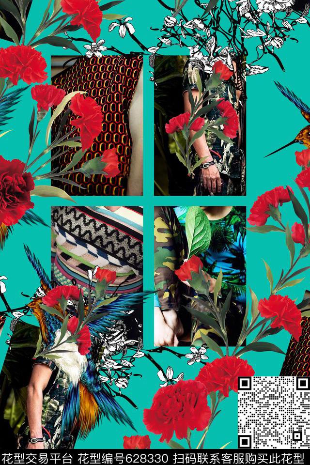 玫瑰康乃馨鸟类数码印花华亿平台下载（图片编号: 628330） - 瓦栏（Walan）