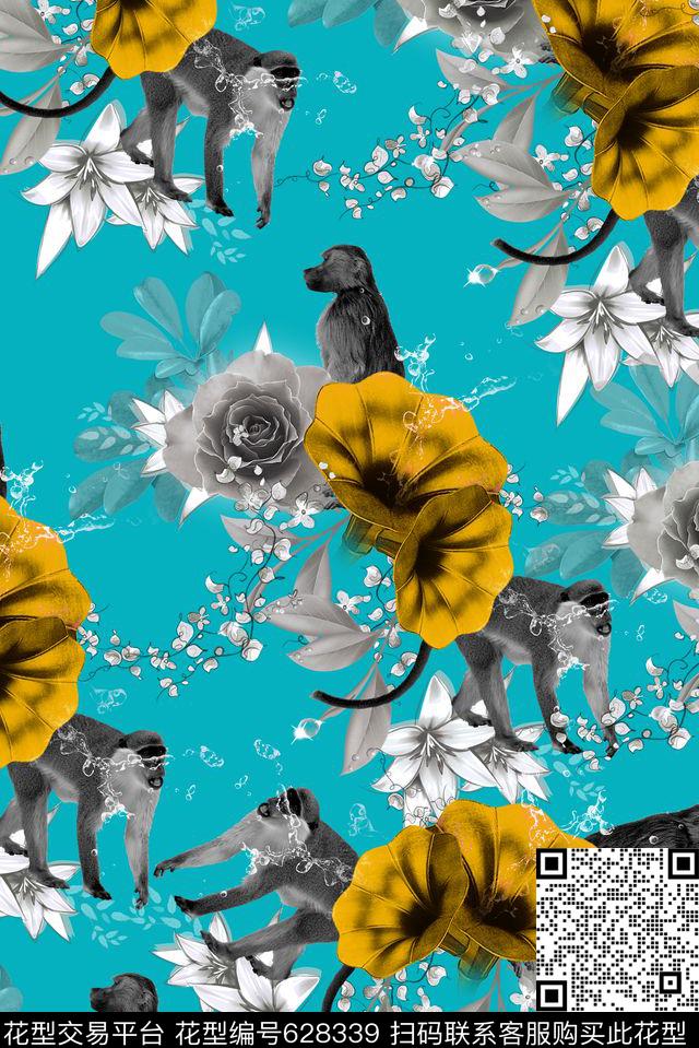 猴子花卉叶子数码印花华亿平台下载（图片编号: 628339） - 瓦栏（Walan）