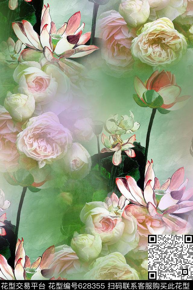 中国风荷花花卉数码印花华亿平台下载（图片编号: 628355） - 瓦栏（Walan）