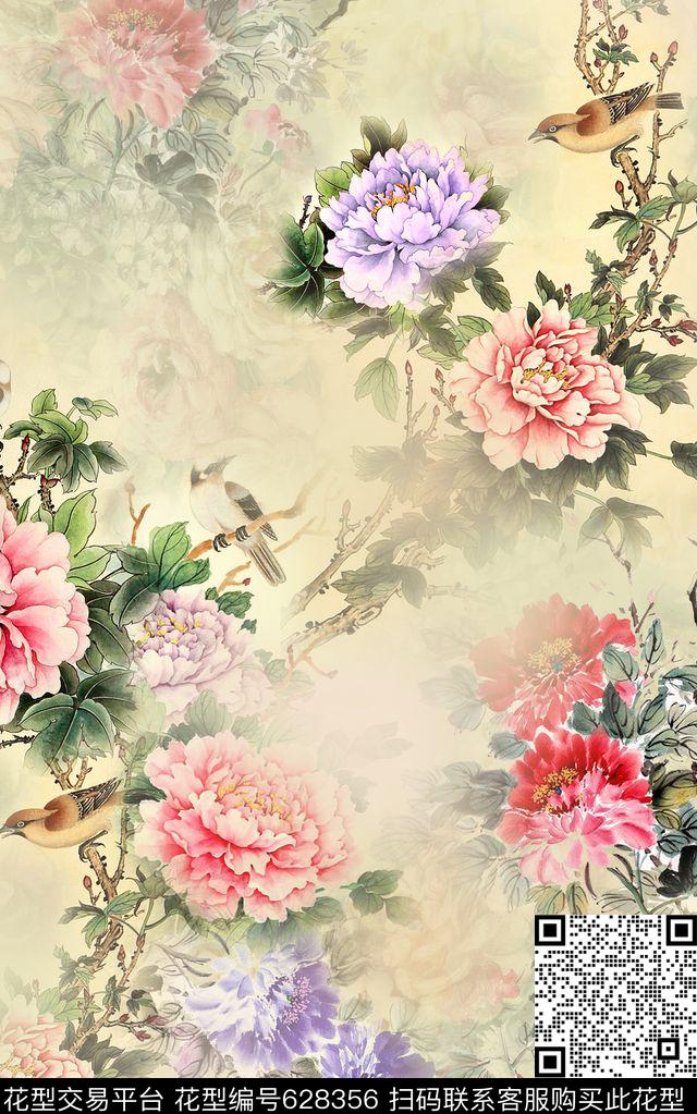 中国风牡丹花鸟数码印花华亿平台下载（图片编号: 628356） - 瓦栏（Walan）