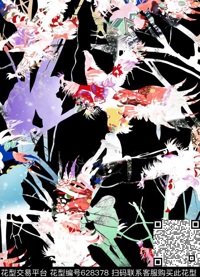 树枝鸟类花卉数码印花华亿平台下载（图片编号: 628378） - 瓦栏（Walan）