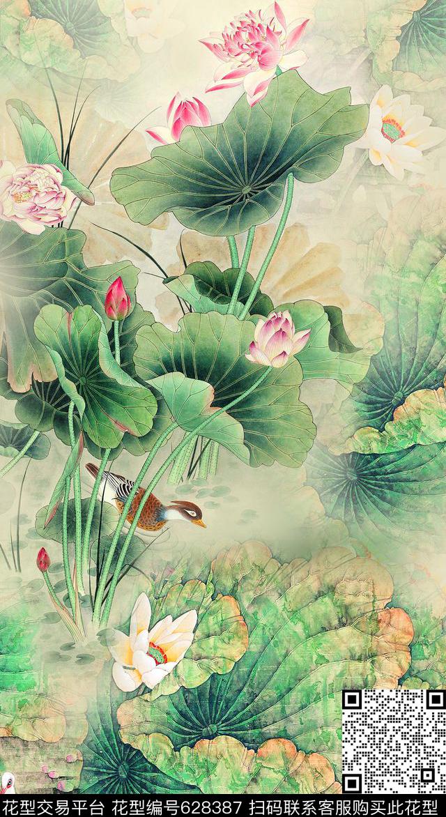 中国风荷花国画数码印花华亿平台下载（图片编号: 628387） - 瓦栏（Walan）