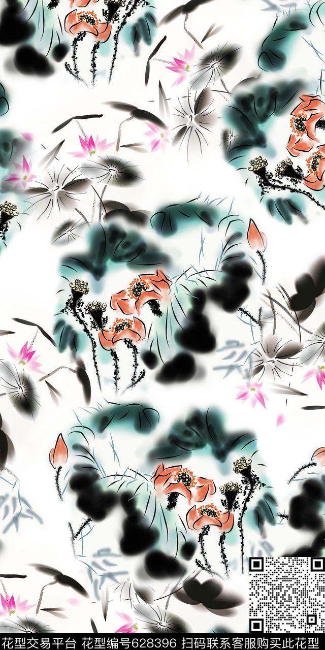 荷叶荷花中国风数码印花华亿平台下载（图片编号: 628396） - 瓦栏（Walan）