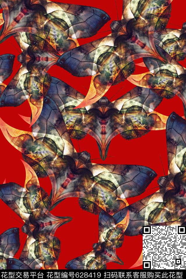 酒红底复古蝴蝶数码印花华亿平台下载（图片编号: 628419） - 瓦栏（Walan）