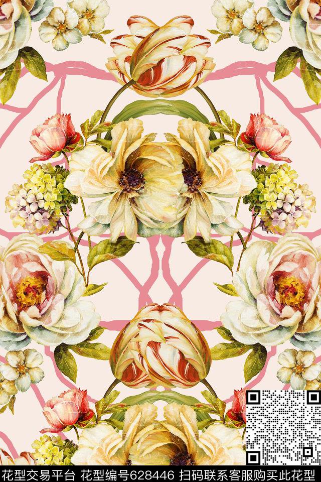 花朵定位花卉油画花数码印花华亿平台下载（图片编号: 628446） - 瓦栏（Walan）