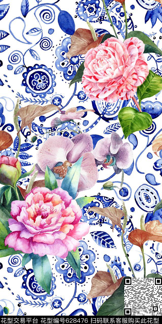 花卉青花瓷明亮数码印花华亿平台下载（图片编号: 628476） - 瓦栏（Walan）