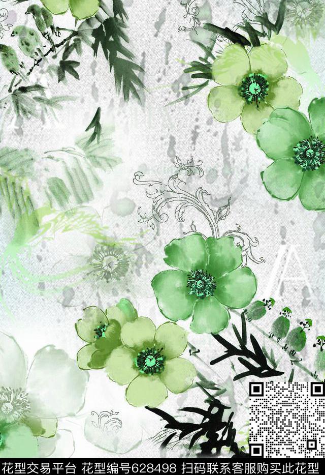 花卉水墨花卉数码印花华亿平台下载（图片编号: 628498） - 瓦栏（Walan）
