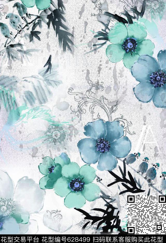 花卉水墨花卉数码印花华亿平台下载（图片编号: 628499） - 瓦栏（Walan）