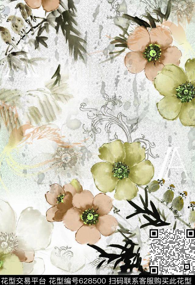 花卉水墨花卉数码印花华亿平台下载（图片编号: 628500） - 瓦栏（Walan）