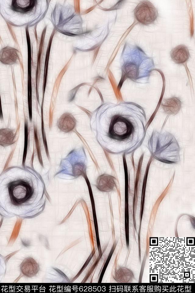 抽象写意花卉数码印花华亿平台下载（图片编号: 628503） - 瓦栏（Walan）
