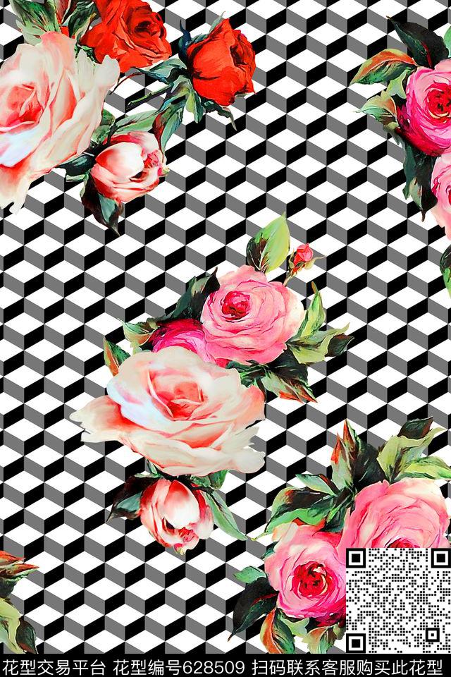 绣花花卉小方块数码印花华亿平台下载（图片编号: 628509） - 瓦栏（Walan）