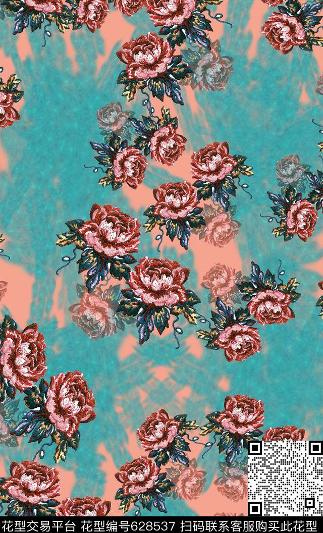 手绘水彩笔触花朵花卉数码印花华亿平台下载（图片编号: 628537） - 瓦栏（Walan）