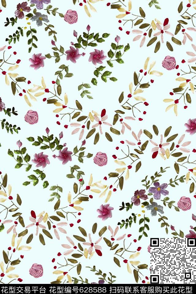 花卉丝带花数码印花华亿平台下载（图片编号: 628588） - 瓦栏（Walan）