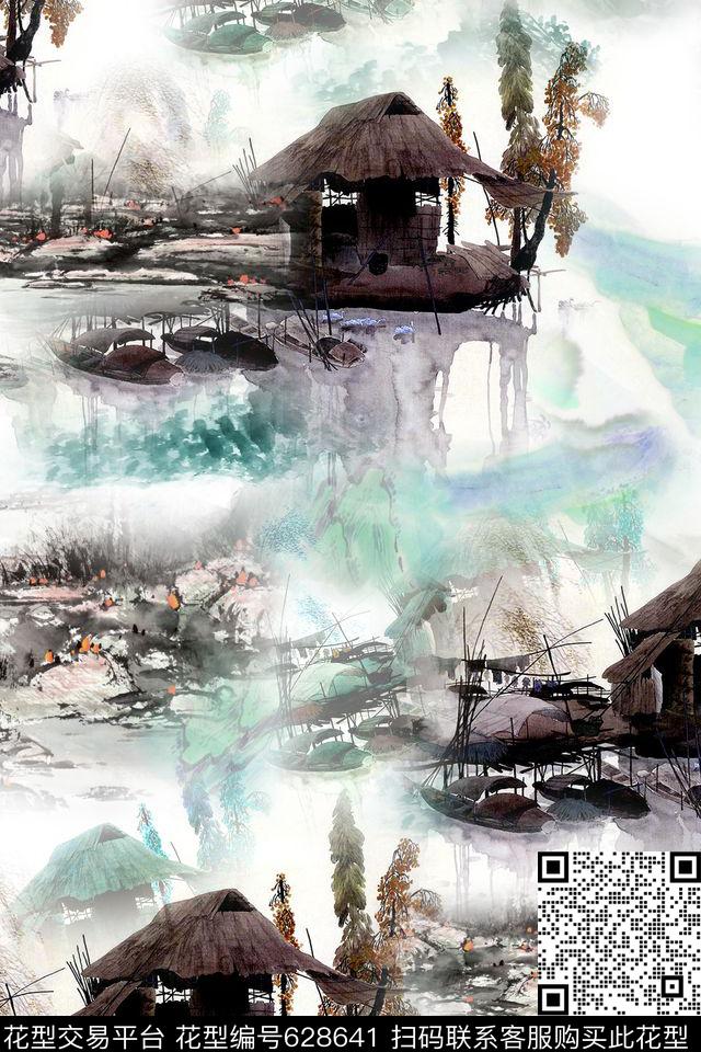 水彩风景绘画连衣裙数码印花华亿平台下载（图片编号: 628641） - 瓦栏（Walan）