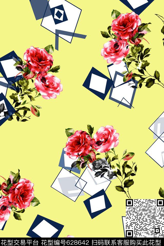 清新华亿平台水彩花几何数码印花华亿平台下载（图片编号: 628642） - 瓦栏（Walan）