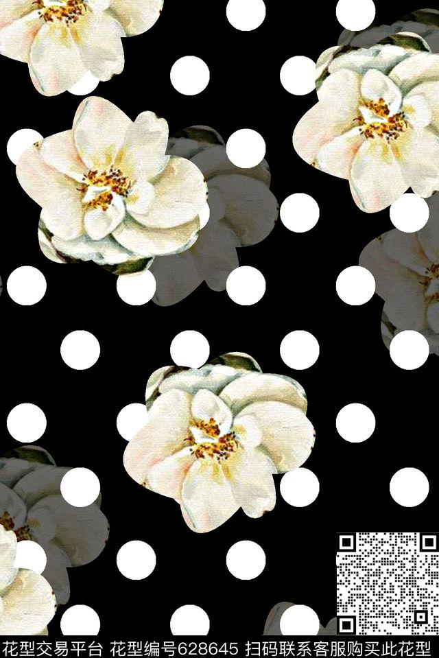 抽象手绘满版花卉最新高清数码波点黑底花数码印花华亿平台下载（图片编号: 628645） - 瓦栏（Walan）
