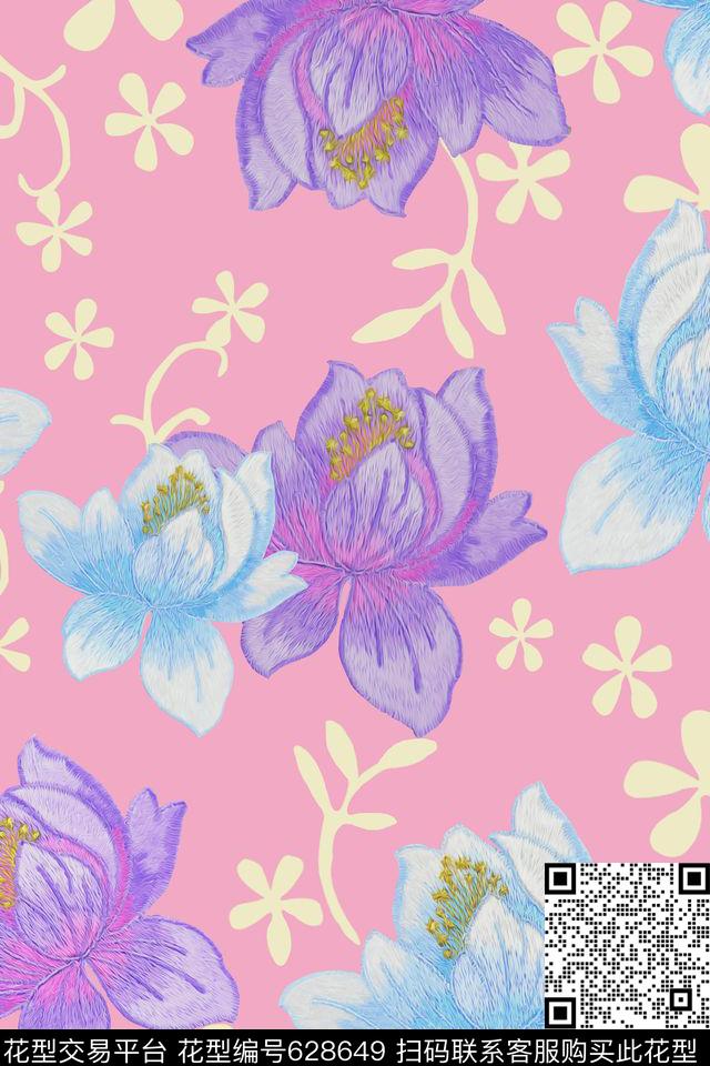 水彩布纹花卉数码印花华亿平台下载（图片编号: 628649） - 瓦栏（Walan）