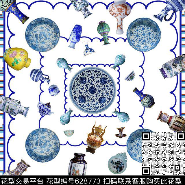 中国风丝巾青花瓷器云纹数码印花华亿平台下载（图片编号: 628773） - 瓦栏（Walan）