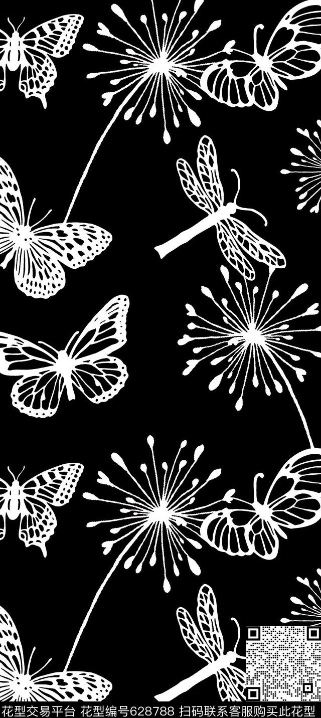 草蝴蝶黑白传统印花华亿平台下载（图片编号: 628788） - 瓦栏（Walan）