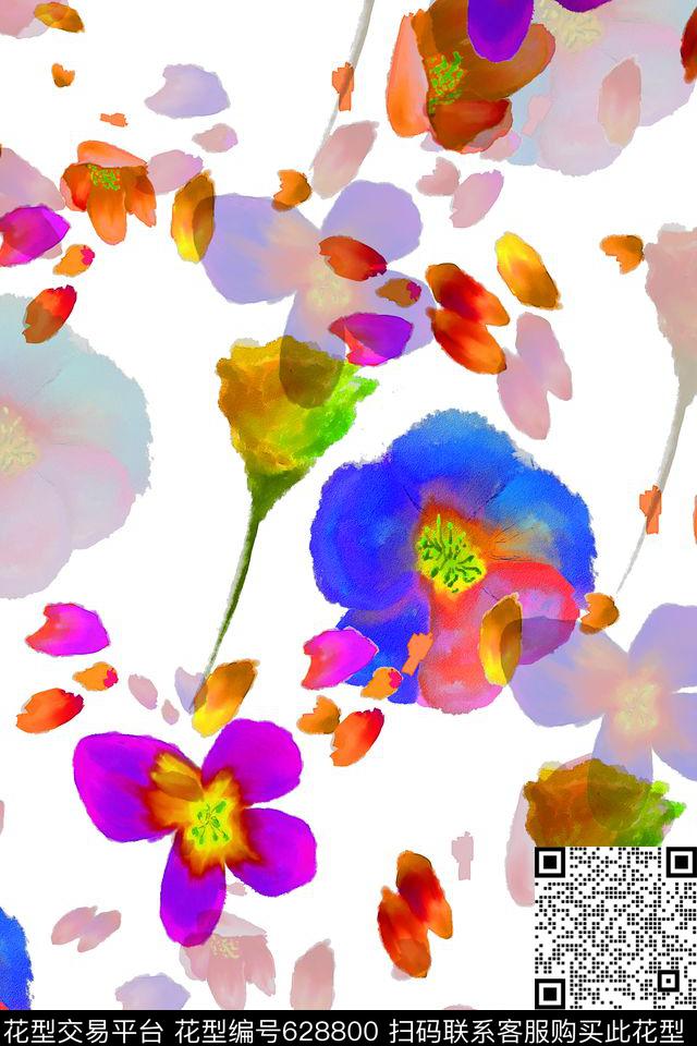 笔触花卉水彩数码印花华亿平台下载（图片编号: 628800） - 瓦栏（Walan）
