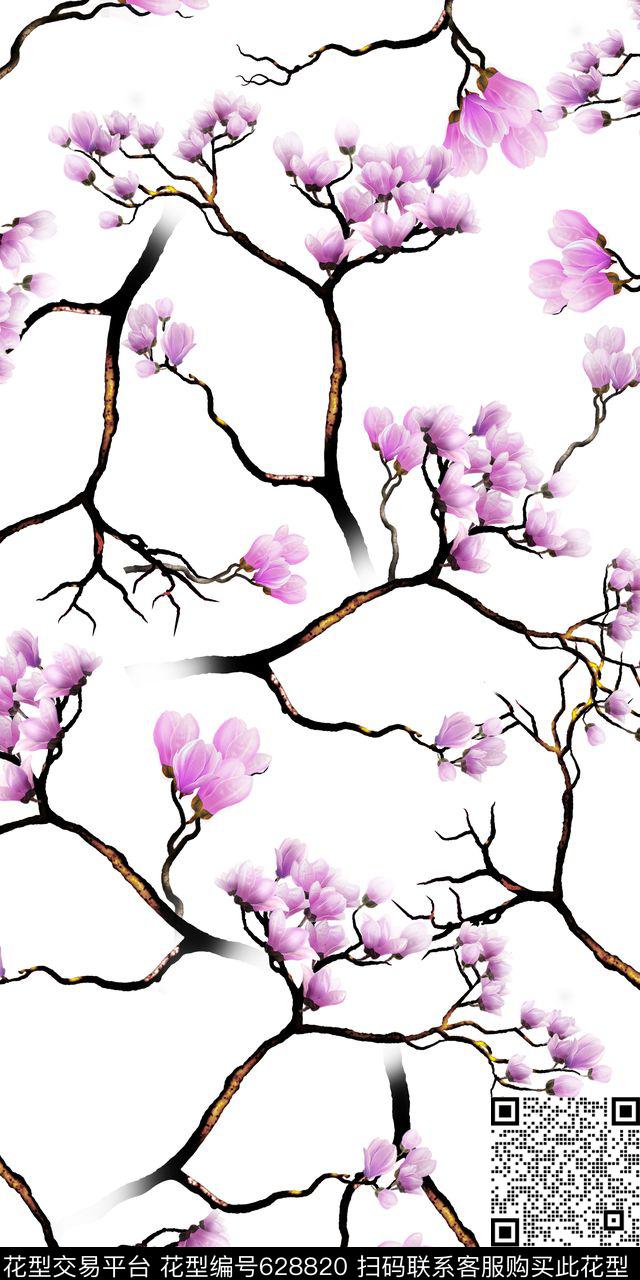 桃花枝条清爽数码印花华亿平台下载（图片编号: 628820） - 瓦栏（Walan）