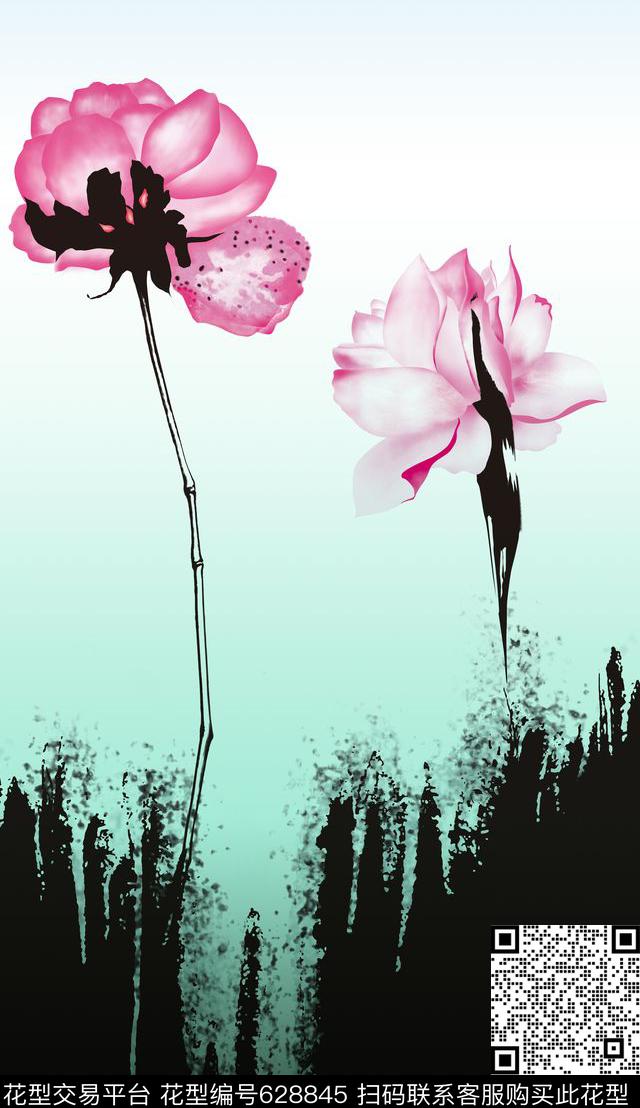 Fei-女装水墨荷花花卉数码印花华亿平台下载（图片编号: 628845） - 瓦栏（Walan）