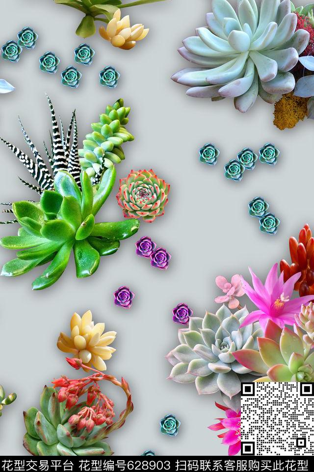 热带植物华亿平台浅底花卉花卉数码印花华亿平台下载（图片编号: 628903） - 瓦栏（Walan）