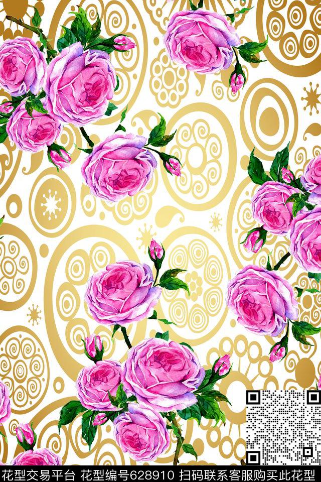 水彩花卉玫瑰数码印花华亿平台下载（图片编号: 628910） - 瓦栏（Walan）