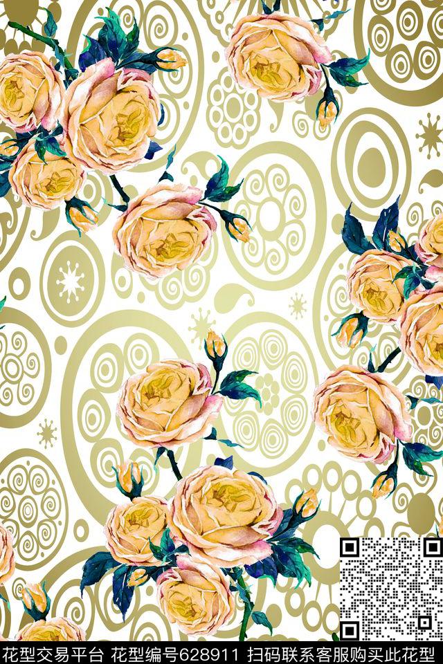 水彩花卉玫瑰数码印花华亿平台下载（图片编号: 628911） - 瓦栏（Walan）