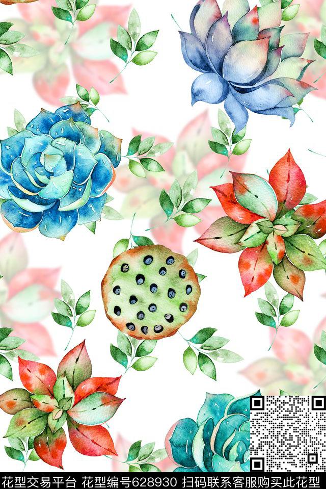 多肉时尚花卉植物四方连续数码印花华亿平台下载（图片编号: 628930） - 瓦栏（Walan）